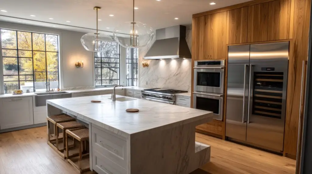 Warm kitchen interior with olive cabinets and gold fixtures