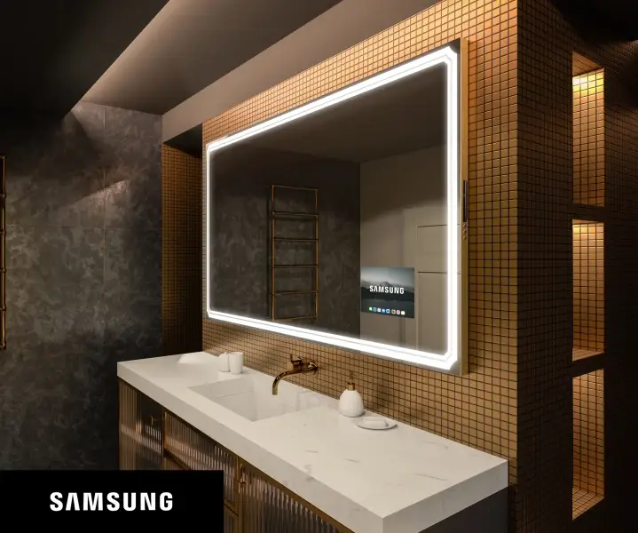 Bathroom vanity with a smart mirror displaying weather and calendar info.